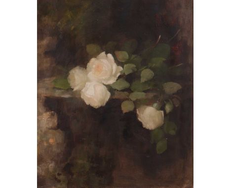 Louise Ellen Perman (Scottish 1854-1921) Roses on a stone shelf  signed 'L.E.Perman' (lower right)  oil on canvas 62 x 51 cm,