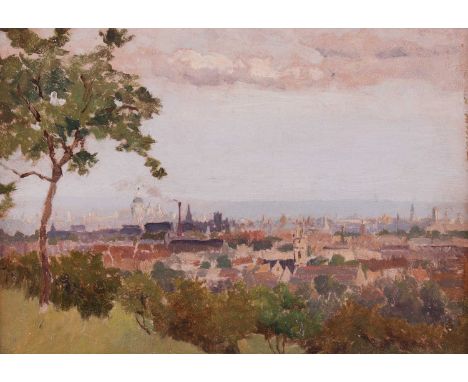 George Carline (British 1855-1920) Sketch of London from Hampstead Heath titled (verso) oil on board 20 x 28cm, framed 29.5 x