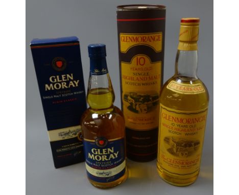 Glenmorangie Single Highland Malt Scotch Whisky, 10 years old, 1ltr 43%vol, in tube and Glen Moray Speyside Single Malt Scotc