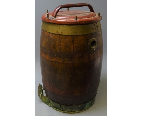Roesler Globus Selbst-Schanker Beer syphon barrel, coopered oak body with brass bands stamped Lieipzig 100820, enamel lid wit