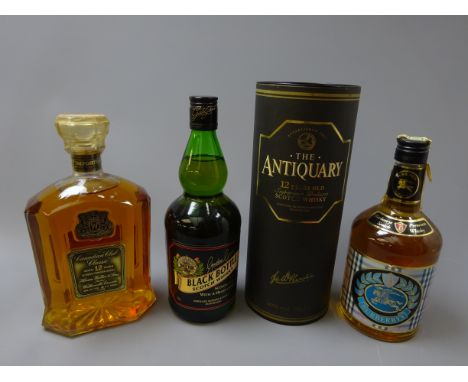 The Antiquary Superior Deluxe Scotch Whisky, 12 years old, in lozenge bottle and tube cellophane sealed, Gordon Graham's Blac