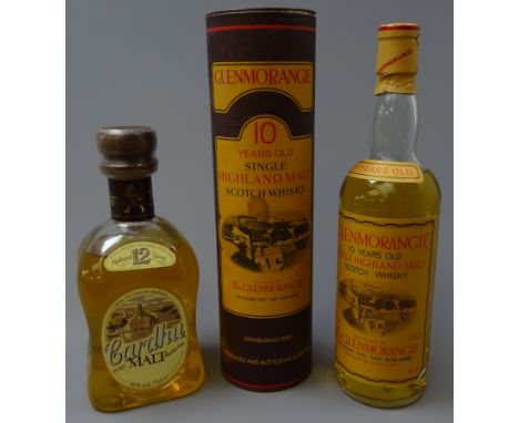 Glenmorangie Single Highland Malt Scotch Whisky, 10 years old, 40%vol, in tube and Cardhu Pure Malt Highland Scotch Whisky, 4