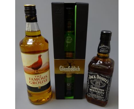 Glenfiddich Single Malt Scotch Whisky 12 years old, 70cl 40%vol, in carton, The Famous Grouse Blended Whisky, 1ltr 40%vol, & 