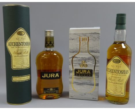 Auchentoshan Triple Distilled Lowland Single Malt Scotch Whisky, 700ml 40%vol, in tube, Jura Single Malt Scotch Whisky, 10 ye