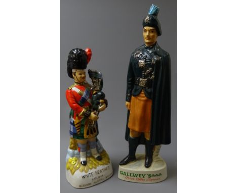 White Heather Deluxe Blended Scotch Whisky advertising figure of a Highland Piper, titled in gilt, H38cm and a Gallwey's Iris