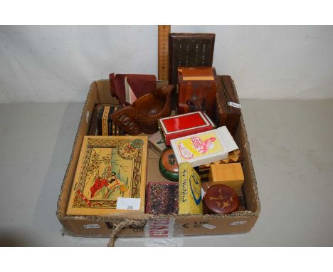 Box of mixed items to include various playing cards, polished wooden boxes, lacquered trinket box etc