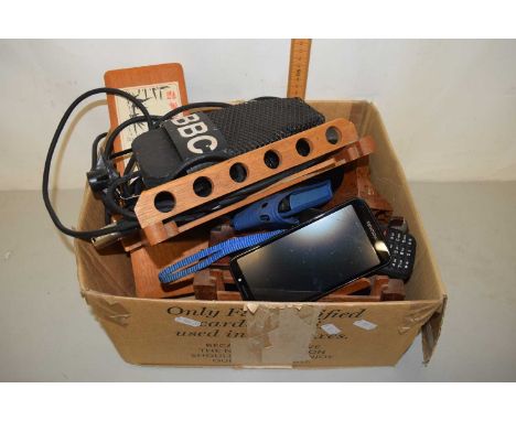Box of mixed items to include pipe racks, Sony radio, a vintage BBC microphone and other items
