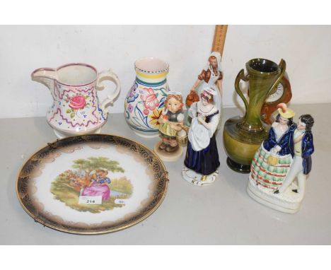 Mixed Lot: Various figurines to include Doulton, Poole Pottery vase, small mantel clock, gilt decorated plate etc