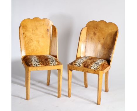 Pair of maple veneered chairs, in the Art Deco taste, having shaped back rest and leopard print upholstered drop in seats, ra