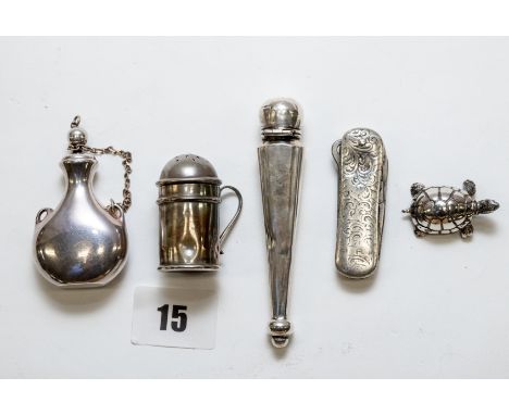 A George V silver SCENT FLASK of pointed form, date letter & lion stamps only, a Continental white metal SCENT FLASK (stamped
