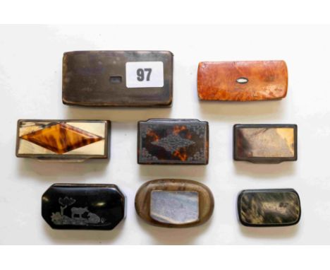 A 19th Century black-papier-mache SNUFF BOX with pewter pastoral inlay, a faux tortoiseshell & pewter inlaid SNUFF BOX, a 19t