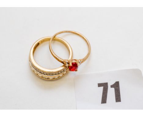 A 9ct gold cubic zirconia set DRESS RING, size M½ & a 9ct gold red stone set RING, size O½, approx. 4.4 grams (2)