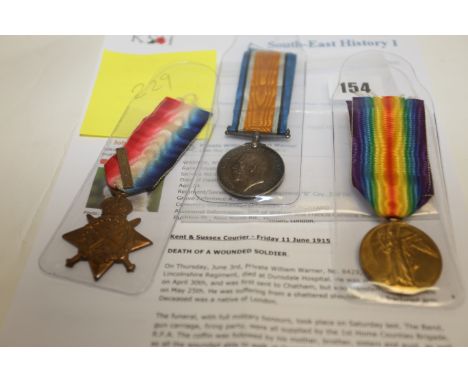 WW1 1914 star & bar trio 8429 Pte W H Warner 2/Linc R with interesting newspaper write up. Kent & Sussex Courier - Friday 11 