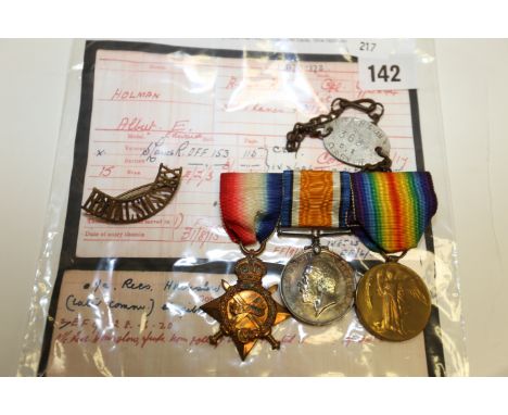 1914-15 trio G/3644 Cpl A E Holman R.Sussex R / 2.Lieut. A E Holman with ID Tag 9th Bn capbadge & shoulder title. Commissione