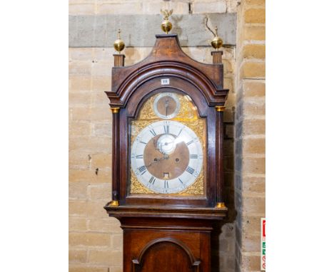 Chaplin Bury St Edmunds, an oak longcase clock, 8 day, arch brass dial, signed silver dial and brass spandrels with Roman Num