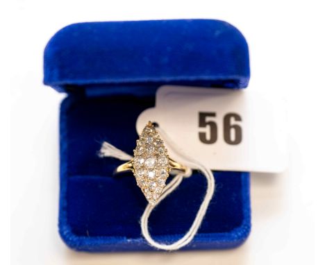 An Early 20th century diamond cluster marquise-shaped RING in a yellow metal setting, unmarked, size W, approx. 3.4grams (lac
