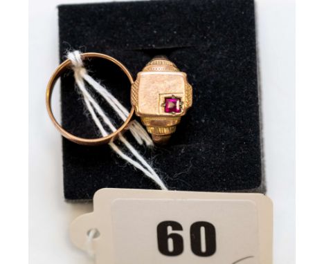 A 9ct rose gold BAND RING, Size Q & a 9ct rose gold SIGNET RING set with a synthetic ruby, stamped 9ct, size S, approx. 10.2 