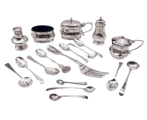 Group of silver, to include a 1930's three piece cruet set, comprising mustard pot and cover with blue glass liner, open salt