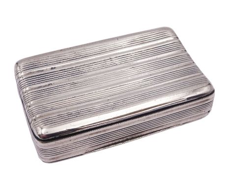 George III silver snuff box, of rectangular form with reeded decoration throughout, the hinged cover opening to reveal a gilt