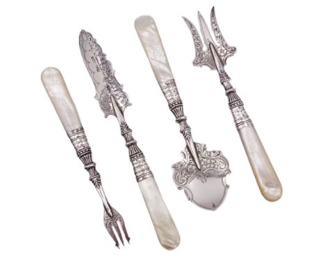 Edwardian silver and mother of pearl handled four piece afternoon tea set, comprising bread trident, pickle fork, preserve sp