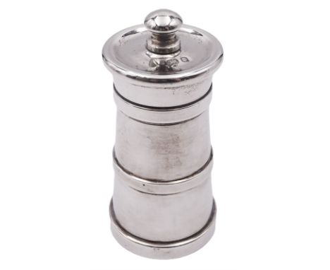 Modern silver pepper grinder, of tapering cylindrical form with central girdle, and engraved crest, hallmarked Laurence R Wat