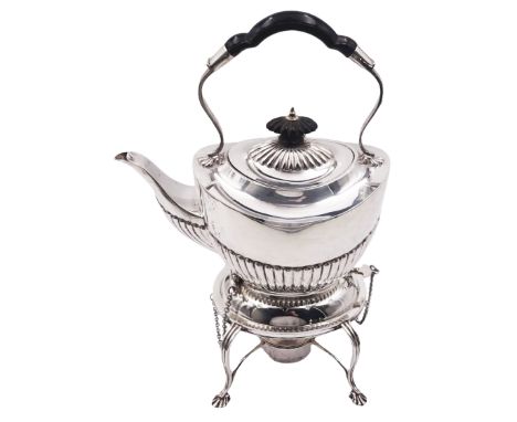 Late Victorian silver spirit kettle on stand, the teapot of oval part fluted form with ebonised finial and part ebonised carr