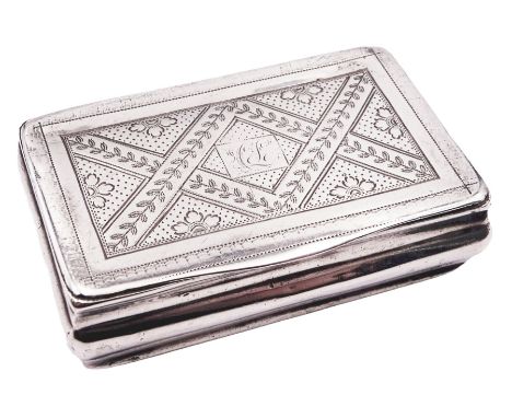 George III silver snuff box, of rectangular form with foliate engraved panel to hinged cover and underside of body, opening t