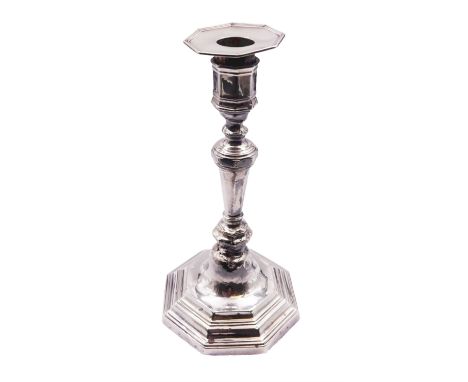 Edwardian silver mounted candlestick, of octagonal knopped and tapering form, modelled in the George III style, hallmarked Ha