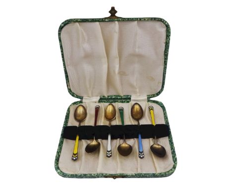 Set of six early 20th century Norwegian silver gilt and enamel coffee spoons, the stems with guilloche enamel in red, green, 