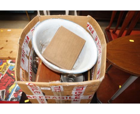 A box containing various sundry items to include an enamel bowl
