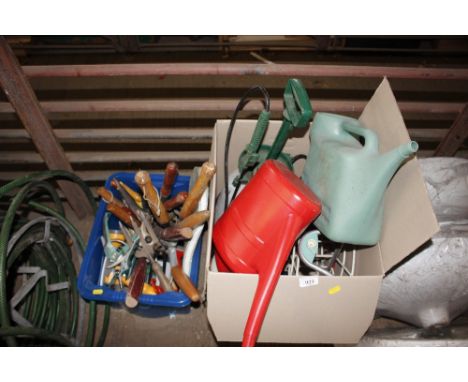 Two boxes of various gardening tools 