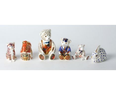 Six Royal Crown Derby Imari paperweights: large teddy, a schoolboy teddy, one other teddy, cat, rabbit and squirrel