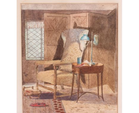 An early 20th Century watercolour, interior scene with armchair, table, lamp, footstool and slipper, 9 1/2" x 8", in oak fram