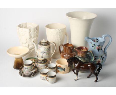 A 19th Century floral decorated jug, a stoneware hunting jug, a 1930s white glazed jug and other items of decorative china