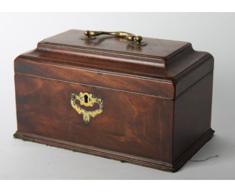 A mid 18th Century mahogany three-division tea caddy fitted central carrying handle and brass escutcheon, 10" wide