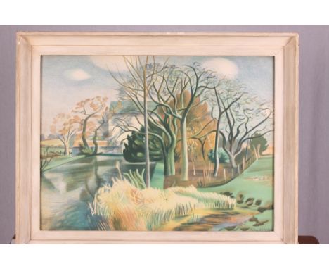 John Aldridge: a colour lithograph, "Mill Pond in Essex", in contemporary painted frame