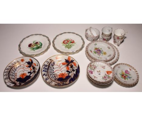 A pair of Minton dessert plates painted flowers, two 19th Century dessert plates decorated Imari designs and a collection of 