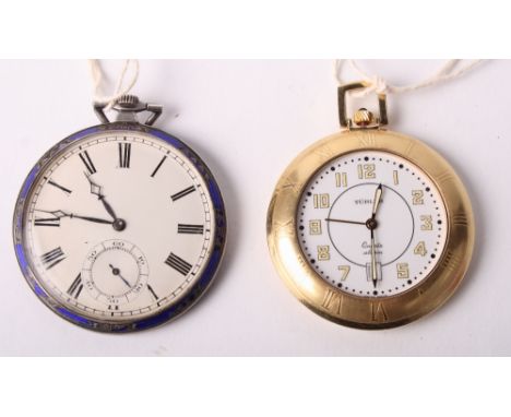 An Art Deco slim line open faced pocket watch in white metal case with enamel decoration and a gilt cased pocket watch