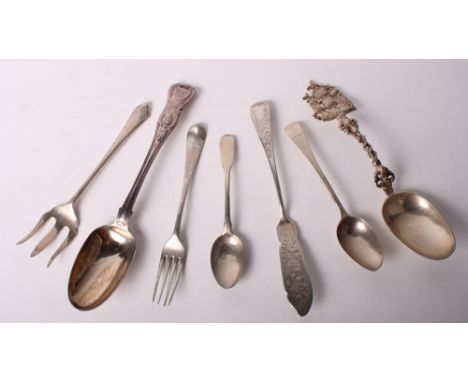 A Georgian silver King's Pattern tablespoon, a silver bread fork, a silver butter knife, a Georgian silver dessert fork, a Ge