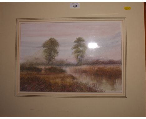 P Hodson: watercolours, misty river landscape with distant church, 11" x 16", K Messer: watercolours, track south of Oxford