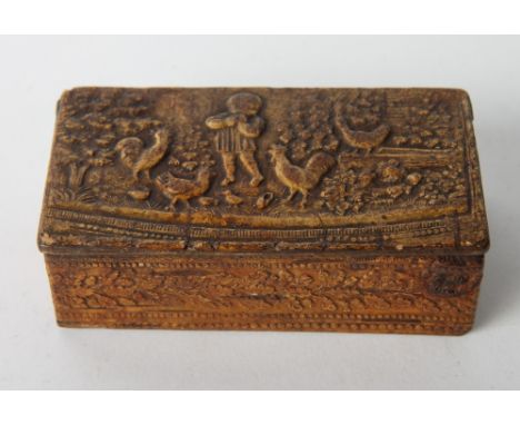A 19th Century pressed birch bark rectangular snuff box, hinged lid decorated child with poultry, 4" wide
