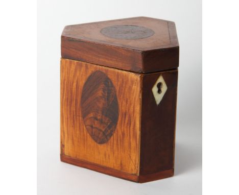 A George III satinwood triangular tea caddy with canted corners, sides inlaid ovals, 4 1/2" high