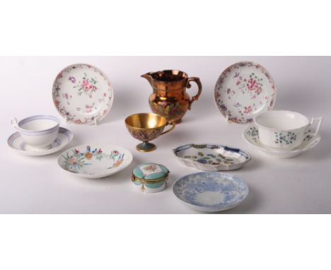 A Vienna type cabinet cup with figures on a gilt ground, two New Hall saucers and other items of decorative china