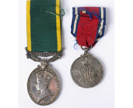 A George VI Territorial Army medal for efficient service to 2216524 W.O.CL.II.L.Shepherd R.E. and a George V & Queen Mary 193