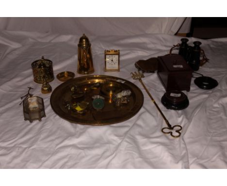 A pair of opera glasses, a pair of French binoculars, a tea caddy, three hardwood stands, a brass candlestick, a brass toasti