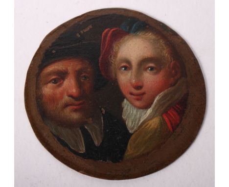 A 17th Century Dutch double portrait miniature on copper, unknown lady and gentleman, 2" dia