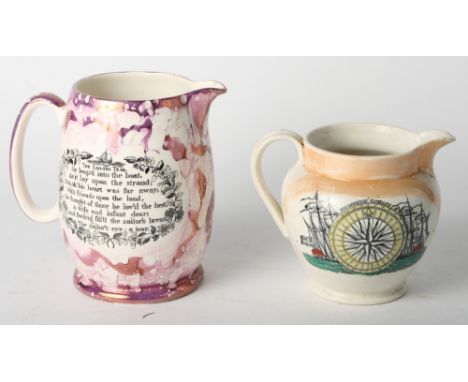 A 19th Century lustre jug with compass and verse, another with ship and verse, a Shorter shell vase, an Ault pottery vase and