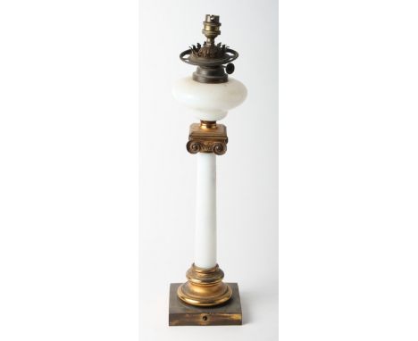 A 19th Century oil lamp, now converted to electricity, with Ionic column support
