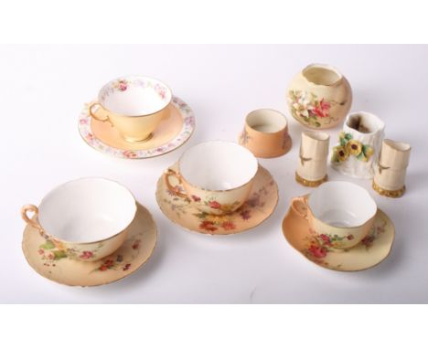 Four Royal Worcester blush ivory cups and saucers decorated flowers and three Worcester vases etc