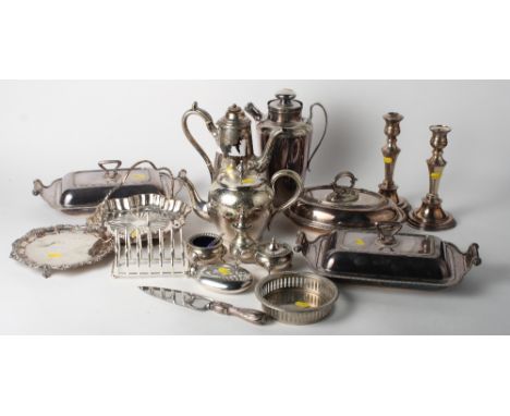 A plated three-piece cruet, a plated teapot, a plated coffee pot, a cocktail shaker and other items of plate